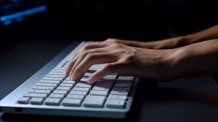 A finger typing on a vintage computer keyboard. Finger pressing enter key. Computer keyboard in a dramatic light.