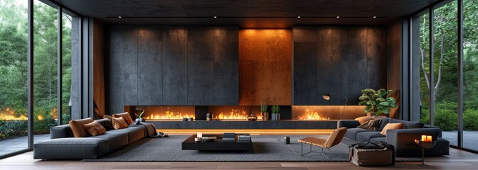 modern kitchen with a fire place