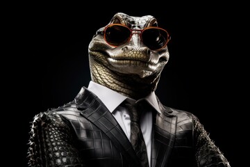 Funny crocodile with sunglasses in a suit on a black background.