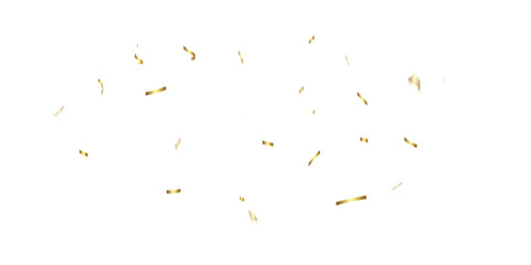 Luxury gold sparkle confetti glitter and zigzag ribbon falling down on transparent background.