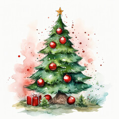 A delightful Watercolor illustration of Christmas tree wearing a Santa hat, perfect for commercial use as a charming Christmas-themed t-shirt print. There is no specific environment in the scene