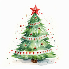 A delightful Watercolor illustration of Christmas tree wearing a Santa hat, perfect for commercial use as a charming Christmas-themed t-shirt print. There is no specific environment in the scene