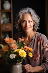 Portrait of a smiling middle-aged woman with a vase of flowers