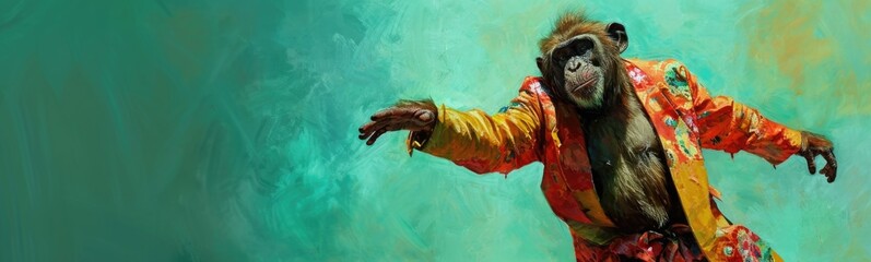 Monkey wearing colorful clothes dancing on green background . Banner