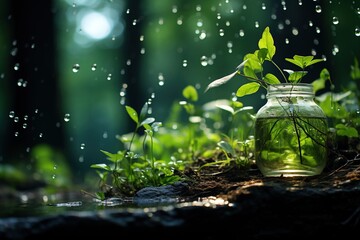 Raindrops falling on a jar of water with a plant inside it in the middle of a forest - obrazy, fototapety, plakaty