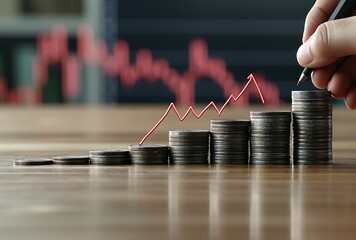 Investment concept, Coins graph stock market on wooden table and white background