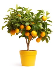 Citrus tree in yellow pot isolated on white background cutout
