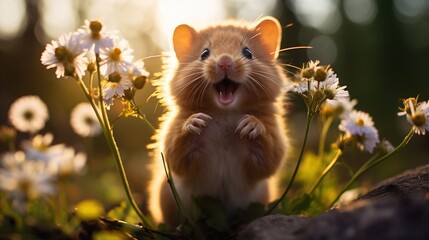 Small brown rodent standing on a rock in a field of white flowers