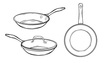 Set of cooking frying pans vector hand drawn illustration