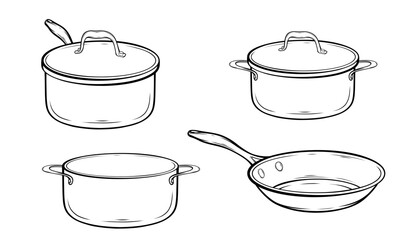 Set of cooking saucepans pots frying pan vector hand drawn illustration