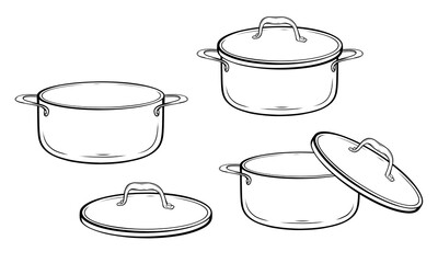 Set of cooking saucepans pans pots vector hand drawn illustration - obrazy, fototapety, plakaty