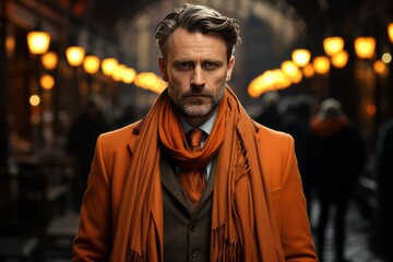 Fototapeta premium Photo Realistic of a Man in a Formal Topcoat and a Cashmere Scarf, Generative AI