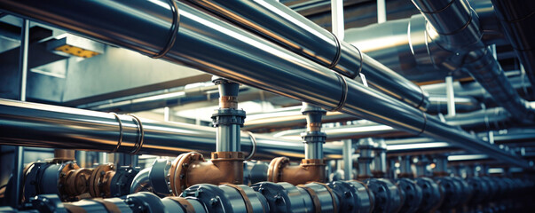 Pipeline and pipe rack of an oil, chemical, hydrogen or ammonia industrial plant. Distribution of liquid along the main pipeline. Close-up. - obrazy, fototapety, plakaty