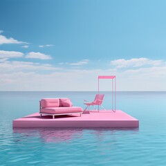 Obraz premium Pink platform floating on water with pink furniture