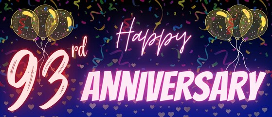 93rd anniversary neon calligraphy text and number. Confetti and balloons isolated on elegant blue gradient background, sparkle, design for greeting card and invitation. Ninety three anniversary