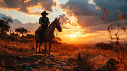 Cowboy Riding Horse at Sunset in Countryside Silhouette - obrazy, fototapety, plakaty