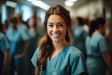 Confident young female healthcare professional in scrubs smiling - obrazy, fototapety, plakaty