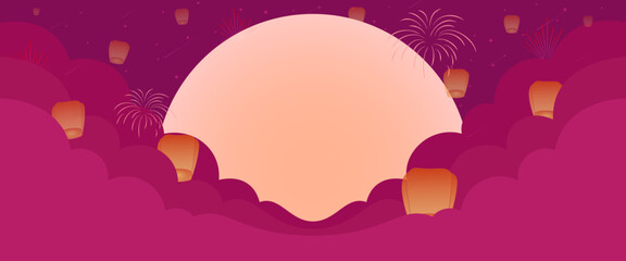 Vector illustration of Kongming lanterns filling the night sky