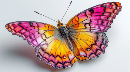 Butterfly in pink and yellow on a white background at an angle