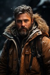 Obraz premium Photo Realistic of a Rugged Outdoorsman in a Fur-Lined Parka and Hiking Boots, Generative AI