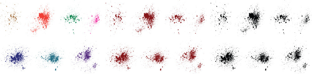 Collection of bleeding hand painted ink grunge green, pink, purple, red, black, blue color brush stroke splatter set