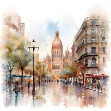 Barcelona Spain watercolor illustration, Europe scenes