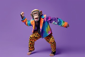 Monkey wearing colorful clothes dancing on purple background  - obrazy, fototapety, plakaty