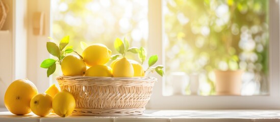 Basket lemon grove in window background kitchen. - obrazy, fototapety, plakaty