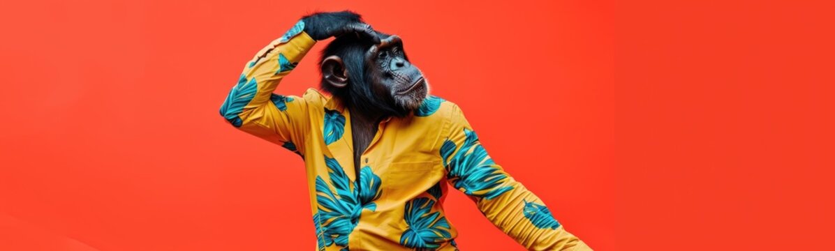 Monkey wearing colorful clothes dancing on red background. Banner