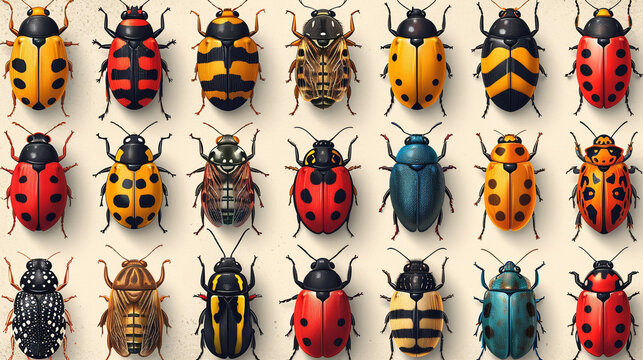 Colored beetles are arranged in a grid on a yellow background