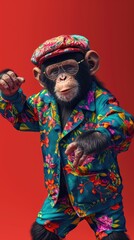 Monkey wearing colorful clothes dancing on red background . Vertical background 