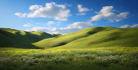 grass and blue sky, Rolling hills adorned with wildflowers