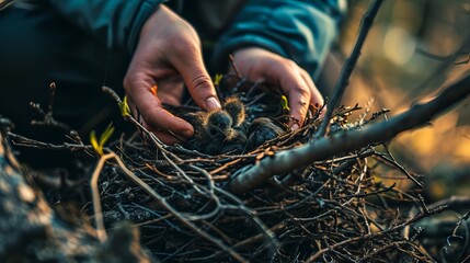 Obraz premium Survival in the Wild: Rescued Baby Birds in Nest
