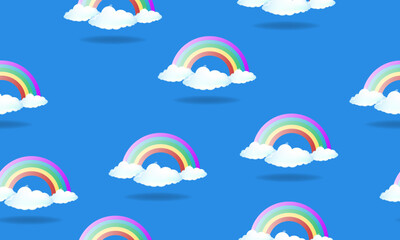 Pastel rainbow and stars seamless pattern on blue background.