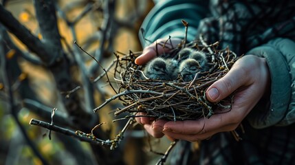 Newborn Birds in Wild Nest After Rescue Operation