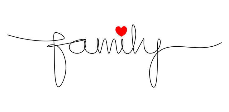 Artistic text Family from continuous line with red heart icon. Romantic relationship love and family. Support and help metaphor, family vector concept.