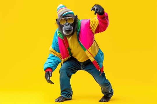 Monkey wearing colorful clothes on yellow background 