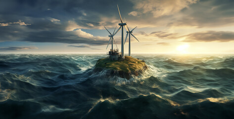 wind turbine in the sea, wind turbines in the sea, wind turbine offshore - obrazy, fototapety, plakaty