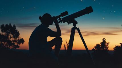 Stargazer at Twilight.
Silhouette of an astronomer using a telescope under the starlit sky at dusk.