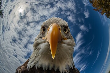 Close up portrait of a curious eagle made with fisheye lens against blue sky