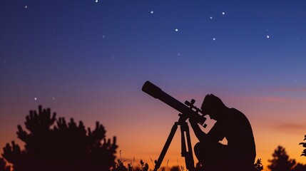 Dusk Astronomer.
Star enthusiast observing the night sky with a telescope at twilight.