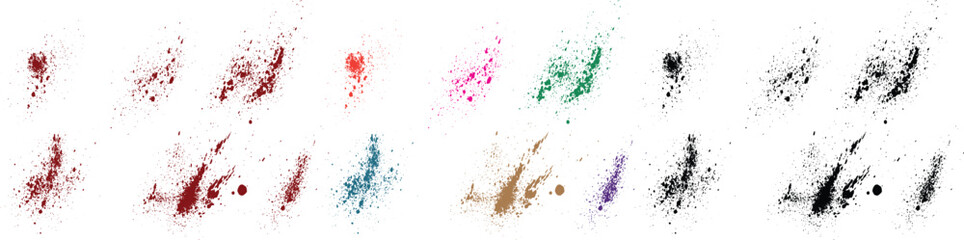 Various grunge abstract green, pink, purple, red, black, blue color paint brush stroke splatters background set