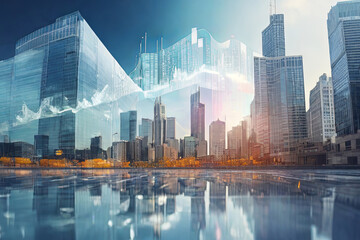 Financial Fusion. Double exposure of virtual financial diagrams seamlessly blending with office buildings, illustrating the synergy of banking and accounting concepts.