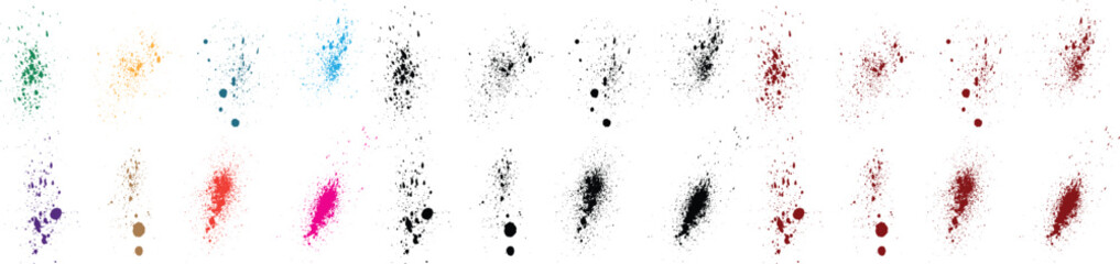 Ink blood vector brushstroke black, green, red, purple, blue, pink color grunge blots background set