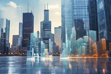 Fototapeta na wymiar Financial Fusion. Double exposure of virtual financial diagrams seamlessly blending with office buildings, illustrating the synergy of banking and accounting concepts.