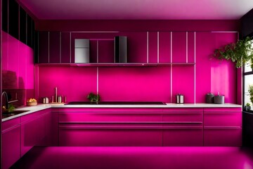  a modern kitchen space exuding sophistication with a prominent viva magenta wall, perfectly lit to accentuate its elegance. 