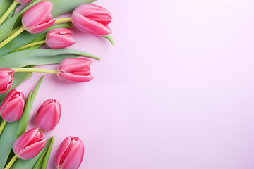 Beautiful Mothers Day or Valentines Day background or banner. Flowers and presents with copy space