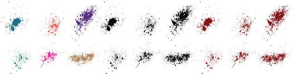 Handmade abstract grunge brush stroke red, orange, green, purple, wheat, black color blood ink splatter background set