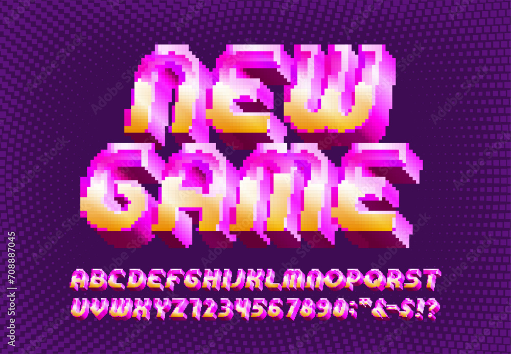 Poster new game alphabet font. 3d pixel letters and numbers. 80s arcade video game typeface.