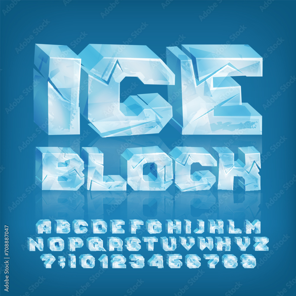 Fototapete ice block alphabet font. 3d cartoon letters and numbers with cracks. stock vector typeface for your 